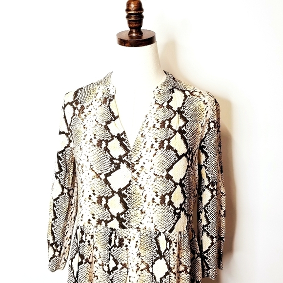 MAEVE by Anthropologie Tan Snake Skin Python Print  A-Line V-Neck Short Dress, S - Picture 5 of 13